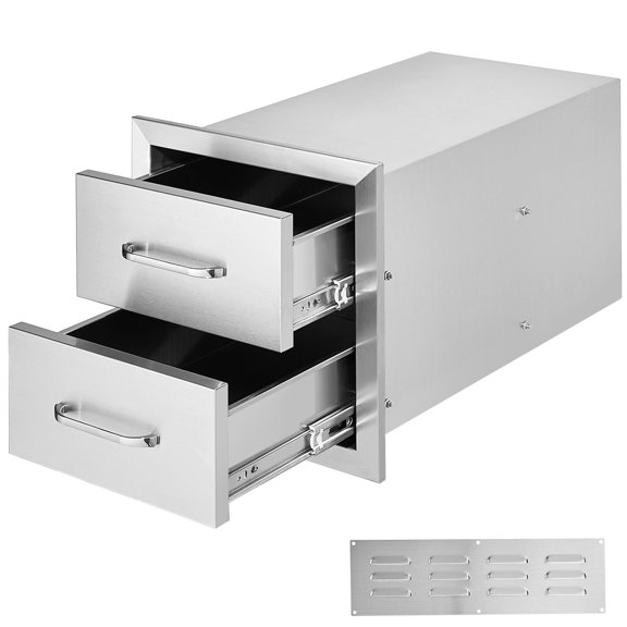 Silver Stainless Steel Flush Mount Two-Tier Drawer Unit 14 x 14.4 x 23 Inch for Outdoor Cooking Space