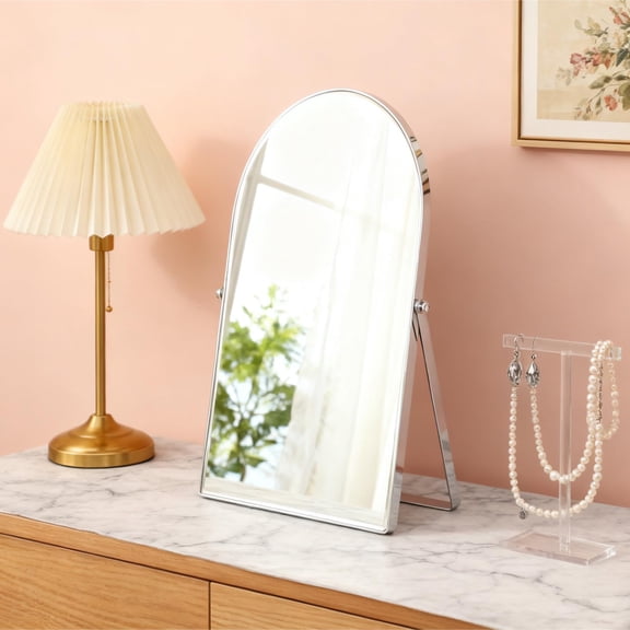 Silver Stainless Steel Framed Standing Tabletop Makeup Mirror