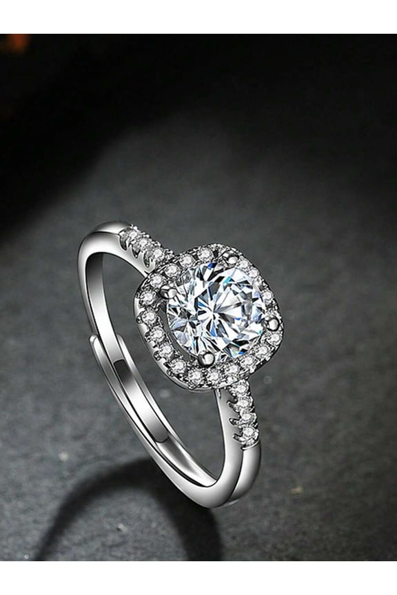 Silver Stainless Steel Halo Engagement Ring With Cubic Zirconia, Adjustable Cocktail Ring