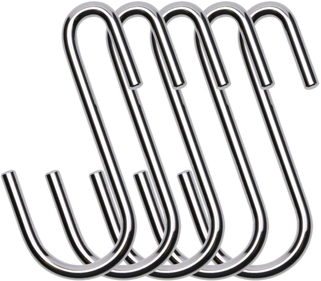 Silver Stainless Steel Heavy Duty S Hooks Use in Kitchen, Bathroom, Bedroom and Office, Handing Hooks for Kitchenware, Spoons, Pans Pots, Utensils, Clothes, Bags, Towels, Plants, Set of 5