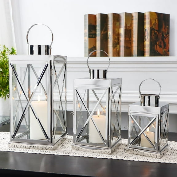 JHY DESIGN Stainless Steel Lantern Set of 3 with Tempered Glass Panels for Indoor & Outdoor