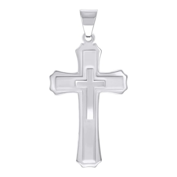 Silver Stainless Steel Men's Polished Finish Tiered Budded Cross Pendant Religious Charm | Color Options