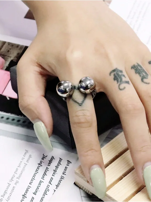 Silver Stainless Steel Polished Beaded Ball Open Ring For Women