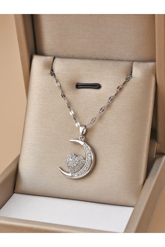 Silver Stainless Steel Rhinestone Crescent Moon And Heart Pendant Necklace For Women