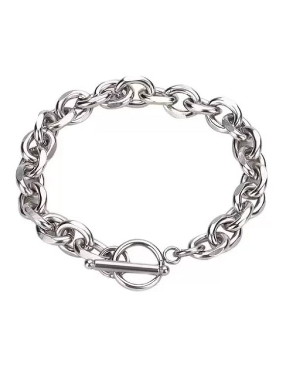 Silver Stainless Steel Rolo Chain Toggle Bracelet | Heavy Duty OT Clasp Curb Chain Bracelet | Minimalist Everyday Jewelry for Him Her