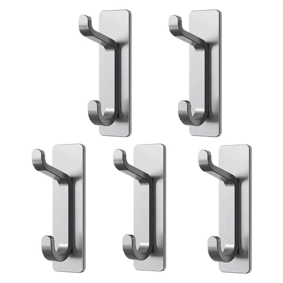 Silver Stainless Steel Self Adhesive Hooks 5 Pack No Screws Damage Free Wall Mount For Bathroom Kitchen Robe Towel Coat 5Pc 0.7 Lb