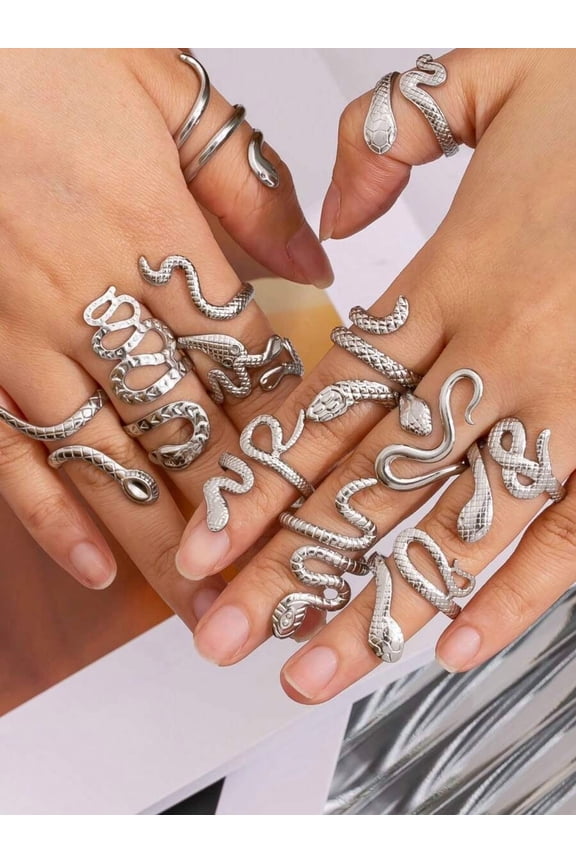 Silver Stainless Steel Snake Adjustable Stackable Rings Set For Women, Y2K Vintage Delicate Design