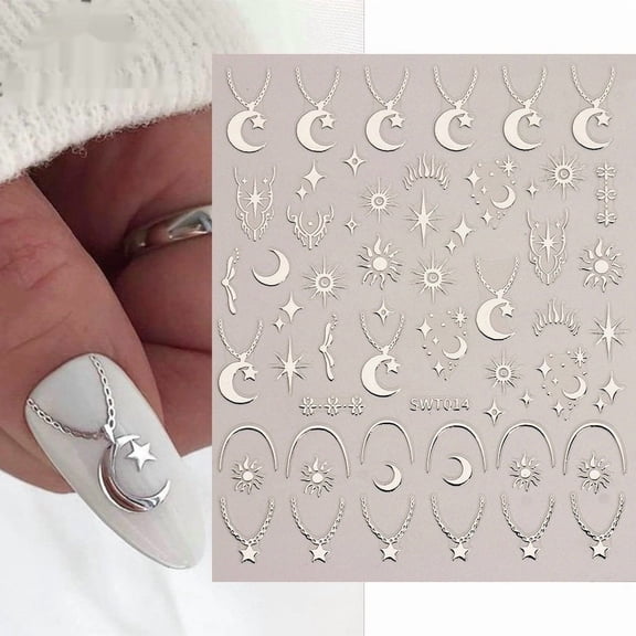Silver Stamping Nail Sticker Wind Star Moon Heart-shape Lock Necklace