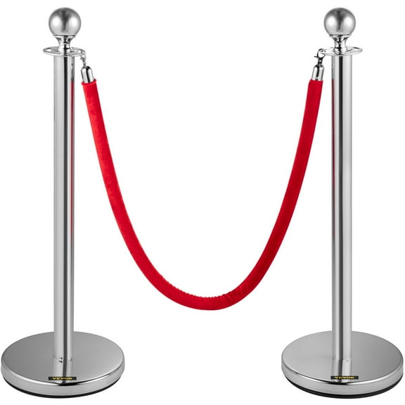 Silver Stanchion Posts & Red Velvet Ropes, 38In Barrier for Queue Management - Party, Crowd Control Accessories