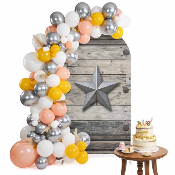 Silver Star Arch Backdrop Cover 7.2FT Vintage Wood Board Rustic Industrial Abstract Spandex Fitted Arch Covers Stretchy Backdrop Decoration for Wedding Birthday Graduation Party