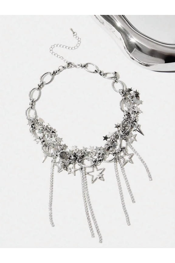 Silver Star Charm Statement Necklace With Crystal Tassels