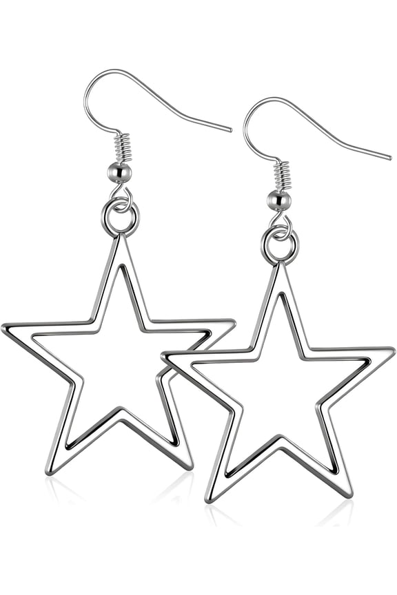 Silver Star Earrings, Simple Hollow Star Hoop Earrings Star Drop Dangle Earring for Party Wedding Daily Use