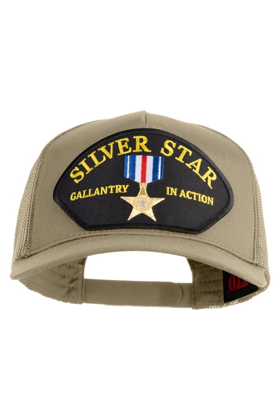 Silver Star Gallantry in Action Patched Solid Cotton Twill 5 panel Mesh Back Cap - Khaki OSFM