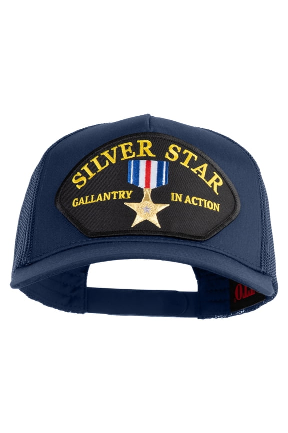 Silver Star Gallantry in Action Patched Solid Cotton Twill 5 panel Mesh Back Cap - Navy OSFM