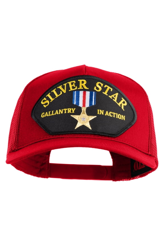 Silver Star Gallantry in Action Patched Solid Cotton Twill 5 panel Mesh Back Cap - Red OSFM