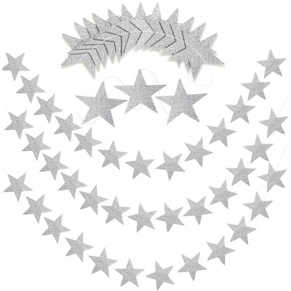 Silver Star Garland Decorations,Bexikou 52 Feet Glitter Silver Paper Garland Hanging Decorations,Reflective Star Paper Garland for Wedding, Birthday, Holiday, Christmas Party,Anniversary
