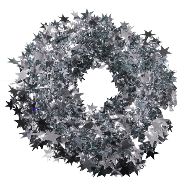 Silver Star Garland with Wire-Based Tinsel, 24.6 Feet, Silver, for Christmas Tree and Mantle Decoration