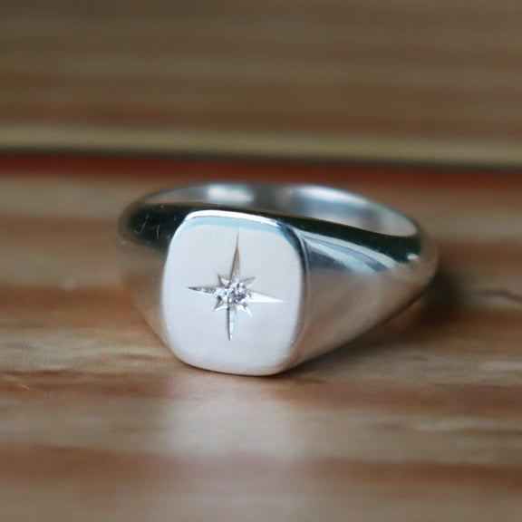 Silver Star Ring, Signet Ring, Minimalist Ring, Statement Ring, Unisex Ring, Engraved Ring, Celestial Ring Cosmic Ring, Modern Style Jewelry