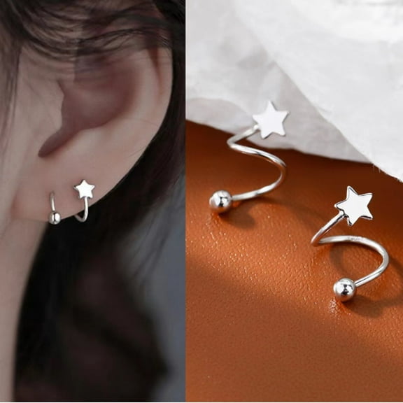 Silver Star Spiral Huggie Hoop Earrings for Women, Twist Earrings, Minimalist Jewelry