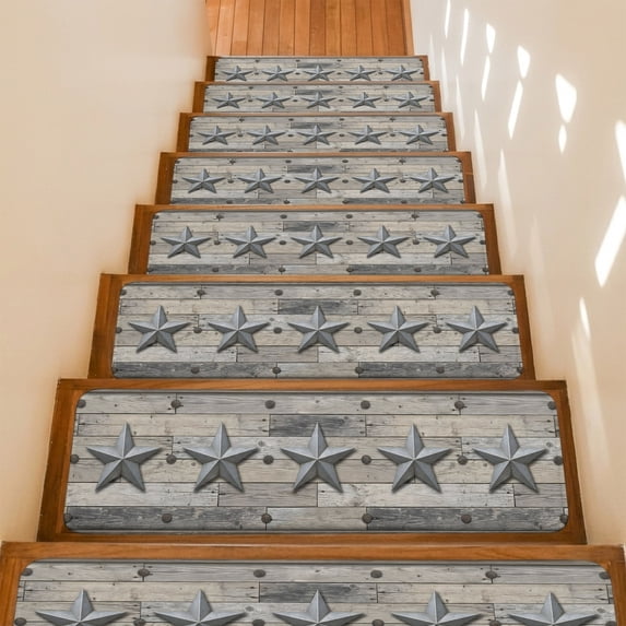 Silver Star Stair Treads Non Slip for Steps Vintage Wood Board Rustic Industrial Abstract 15 Pcs Reusable Adhesive Stair Runner Mats for Dogs Elders Carpet Treads Rugs for Staircase 8x30 In
