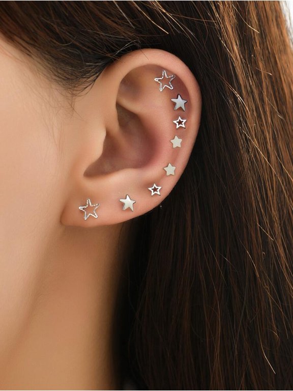 Silver Star Stud Earring Set 8-Piece Multi-Position Ear Cuff