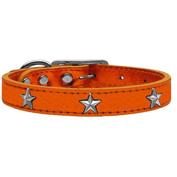 Silver Star Widget Genuine Metallic Leather Dog Collar - Orange, Size 22