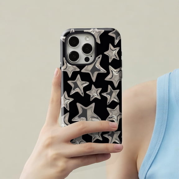 Silver Star Y2K Black Star Pattern Phone Case, Trendy Night Sky with iPhone 17 to 11 Pro Max