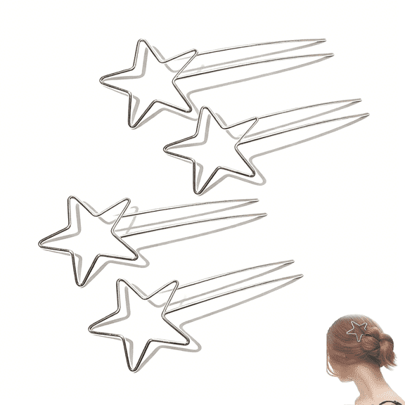 Silver Stardust Silhouette Hair Fork - Minimalist Wire Star U-Shaped Bun Holder, Lightweight for Buns, Braids & Updos(4-Pcs)Z