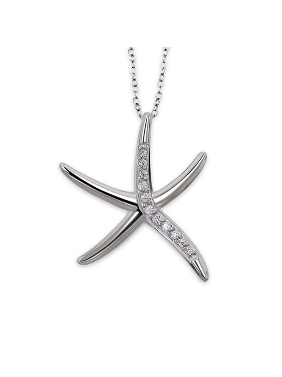 Silver Starfish Necklace with Cubic Zircornia Stones - 925 Sterling Silver - Adjustable Silver Necklace 16-18 Included!
