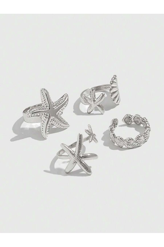 Silver Starfish Ring Ring Silver Starfish Ocean Theme 5-Piece Open Stacking