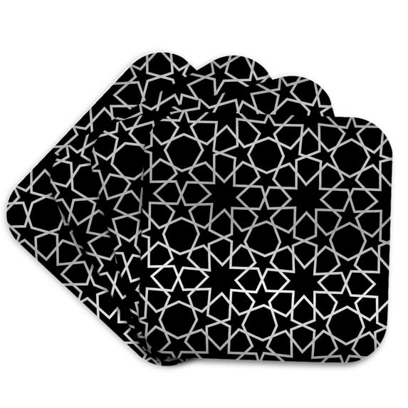 3drose, Silver Stars Outline Geometric Intricate Islamic Art Pattern on Black - Filigree Laser Cut Effect, Set of 4 Coasters - Soft