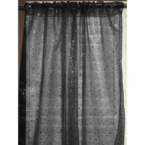 Silver Stars on Sheer Tinted Organza Solid Single Curtain Panel 58 Inch Wide Black