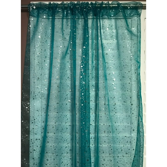 Silver Stars on Sheer Tinted Organza Solid Single Curtain Panel 58 Inch Wide Teal