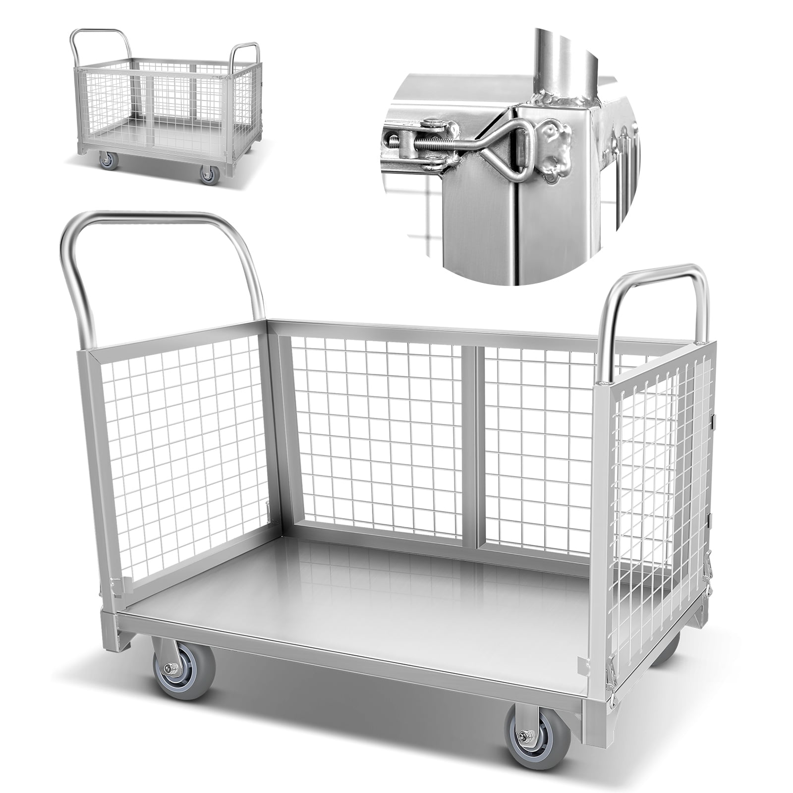 Silver Steel Heavy Duty Wire Mesh Hand Truck, 4-in-1 Detachable Utility Dolly, 2200lbs Multipurpose Push Cart with Swivel Wheels for Industrial & Workshop
