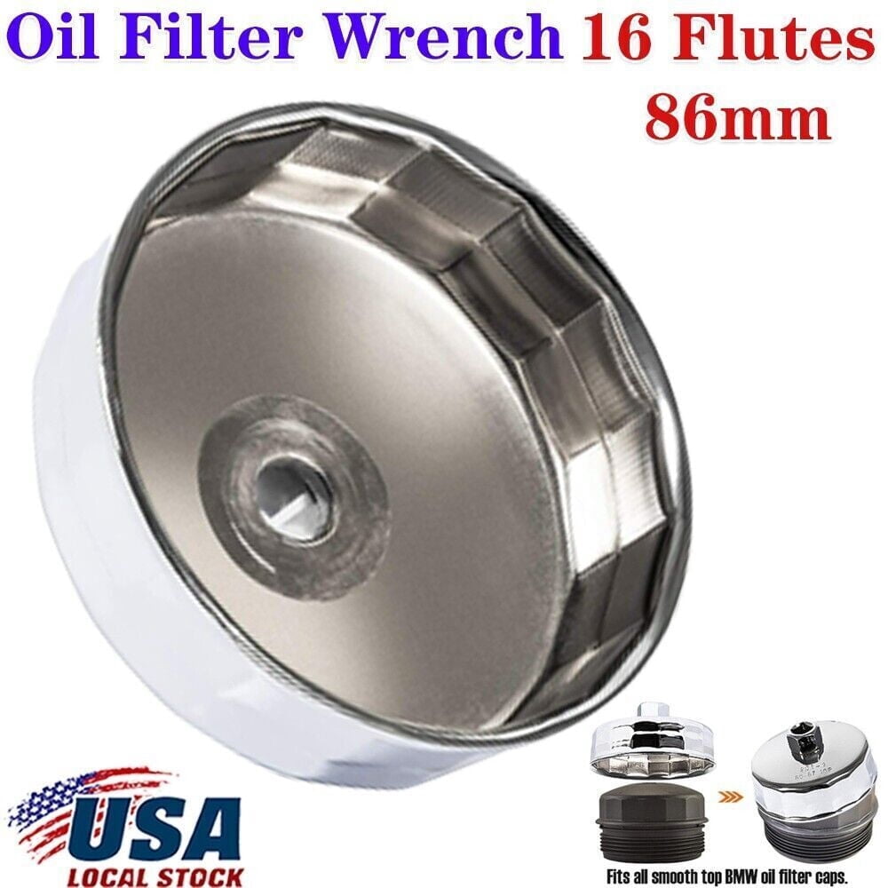 86mm 16 Flute Oil Filter Wrench Tool For BMW & Volvo Cartridge Filters - Chrome Steel, 27mm Hex Drive
