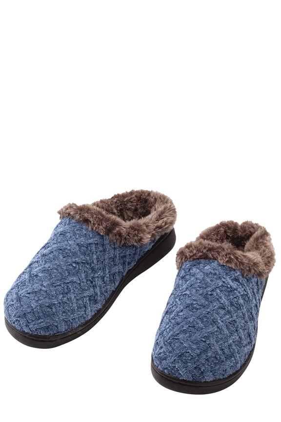 Silver Steps Clog Slippers with Faux Fur Lining, Polyester - Blue, Large