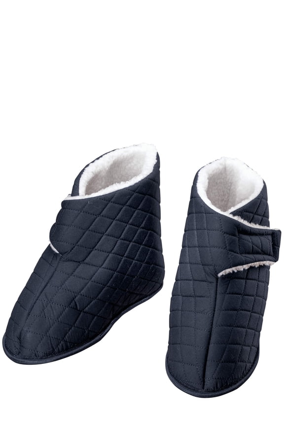 Silver StepsTM Edema Booties Mens, Hook and Loop Strap, Non-Slip Vinyl Bottom, Polyester - Large, Navy Blue