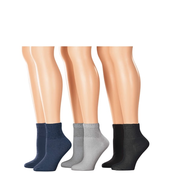 Silver Steps Quarter Cut Diabetic Socks, 3 Pair, Black/Grey/Navy, Medium