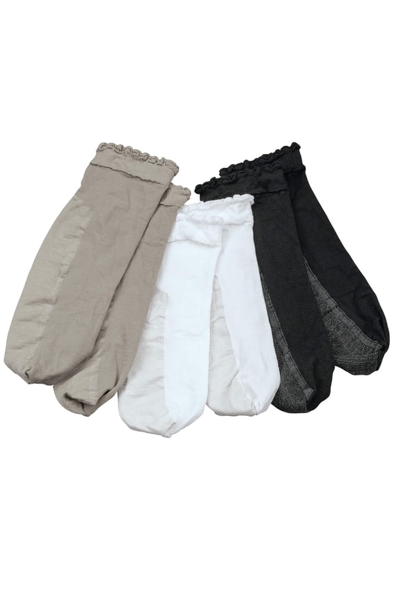 Silver StepsTM Ruffled Top Aerated Cotton Compression Socks, Made of Soft Microdeneir Nylon - Set of 3, Black/White/Nude, Size Regular