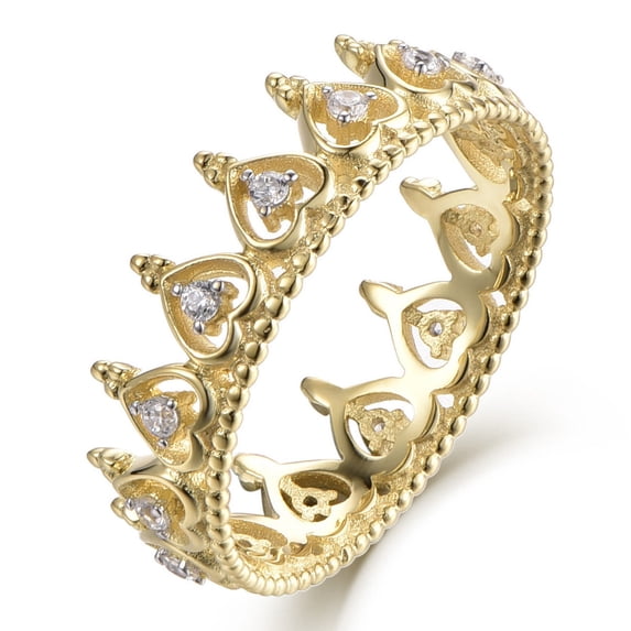Silver & Stone 14K Yellow Gold Plated Sterling Silver Queen Crown CZ Ring Band for Women