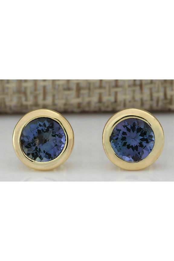 Silver & Stone 2Ct Lab Created Tanzanite Bezel Set Solitaire Stud Earrings 14k Yellow Gold Finish