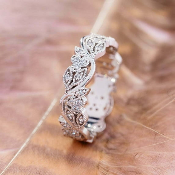 Silver & Stone Jewels 0.35 Ct CZ Vintage Wedding Band Ring Women's 14k White Gold Finish