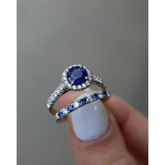 Silver & Stone Jewels 1.30CT Round Cut Blue CZ Bridal Ring Set With Matching Wedding Band 14K White Gold Finish