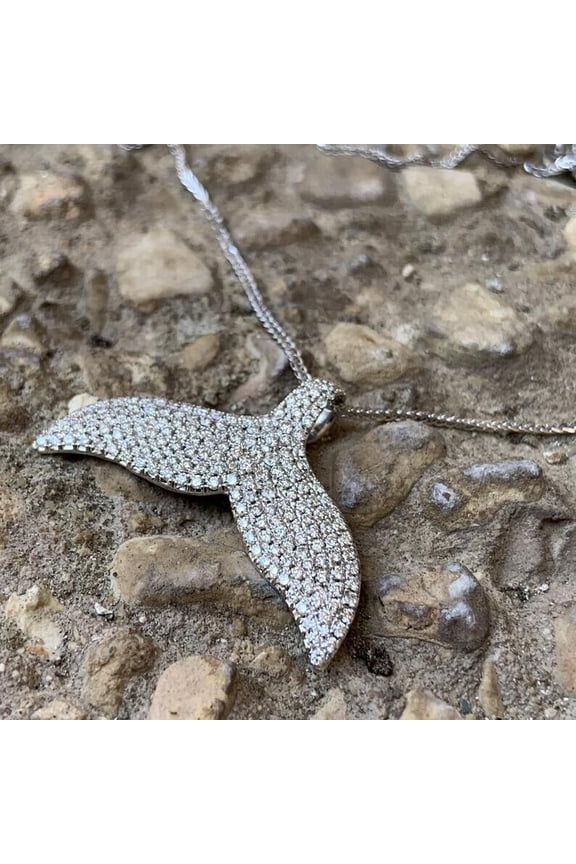 14K White Gold Finish 1Ct Cubic Zirconia Whale Tail Pendant Necklace 18"