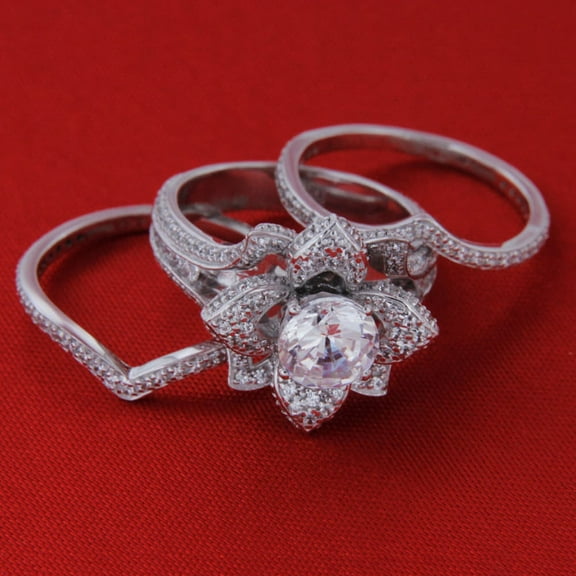 Silver & Stone Jewels 14K White Gold Finish Round Cut Cubic Zirconia Lotus Flower Engagement Bridal Ring Set