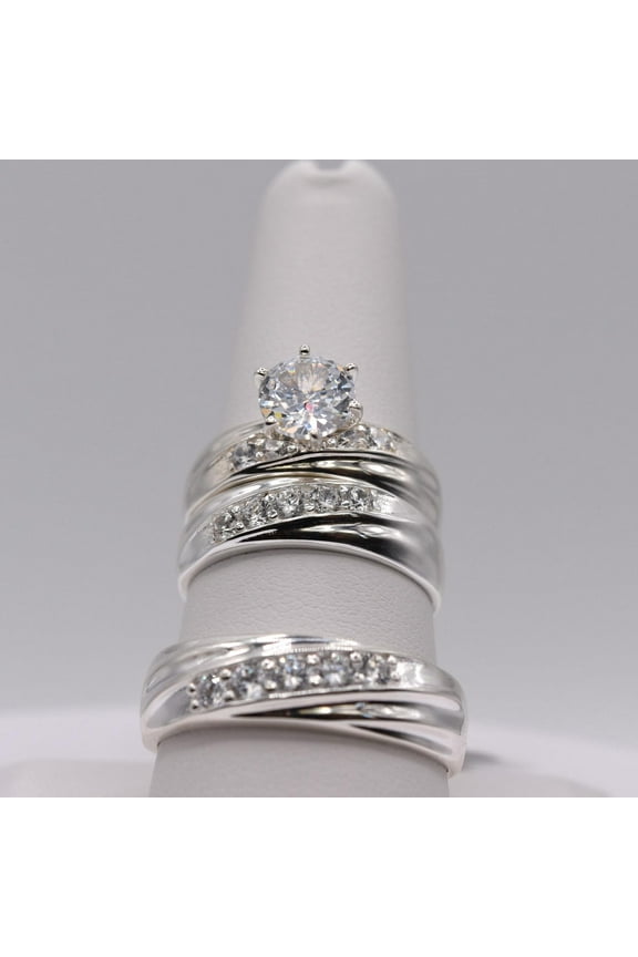 14K White Gold Finish Wedding Ring Set His & Hers Matching Bands with Cubic Zirconia