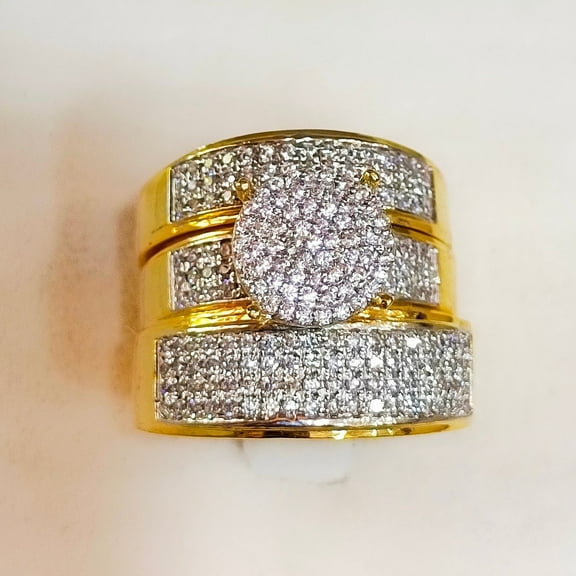 Silver & Stone Jewels 14K Yellow Gold Finish Silver Round Cut Cubic Zirconia His & Her Trio Ring Set For Wedding Anniversary Engagement
