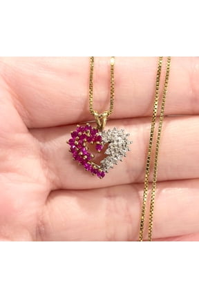 14K Yellow Gold Finish Silver Round Cut Lab Created Ruby Heart Shape Pendant Necklace