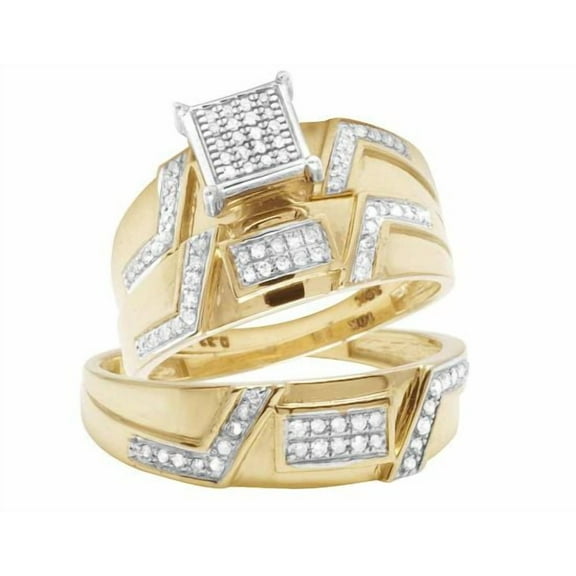 Silver & Stone Jewels 14K Yellow Gold Finish Square Cluster CZ His & Hers Matching Wedding Ring Set – Modern Design Bridal Bands