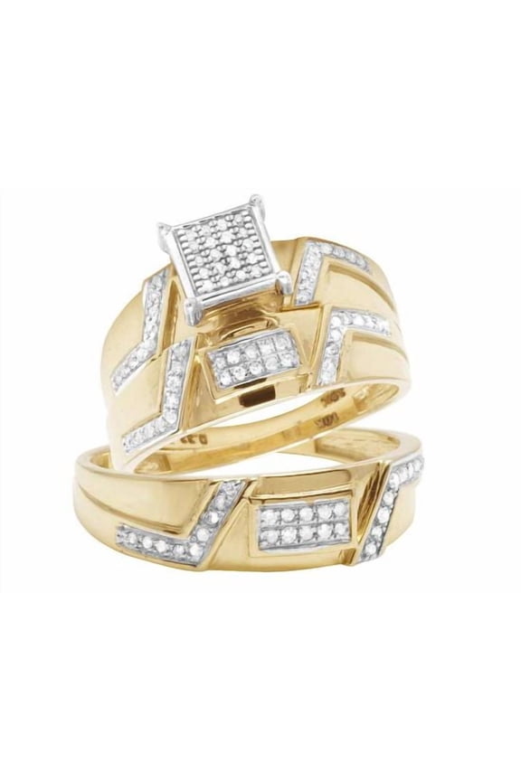 14K Yellow Gold Finish Square Cluster CZ His & Hers Matching Wedding Ring Set – Modern Design Bridal Bands